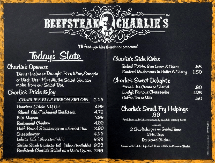 Beefsteak Charlie's menu 1977